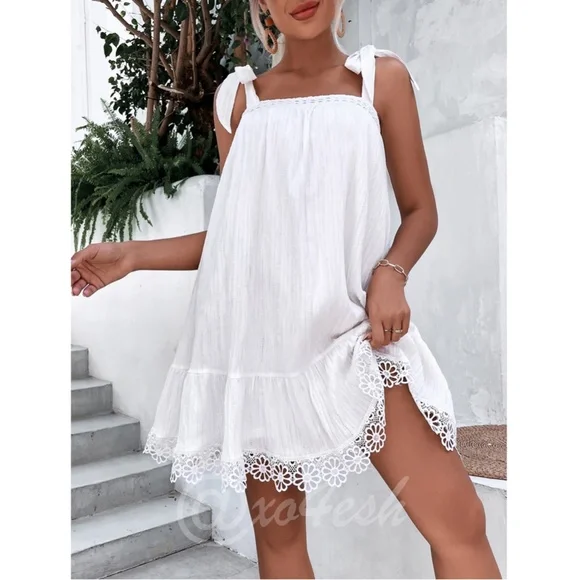 White A-Line Short Dress Tie Straps Guipure Detail - Picture 2 of 7